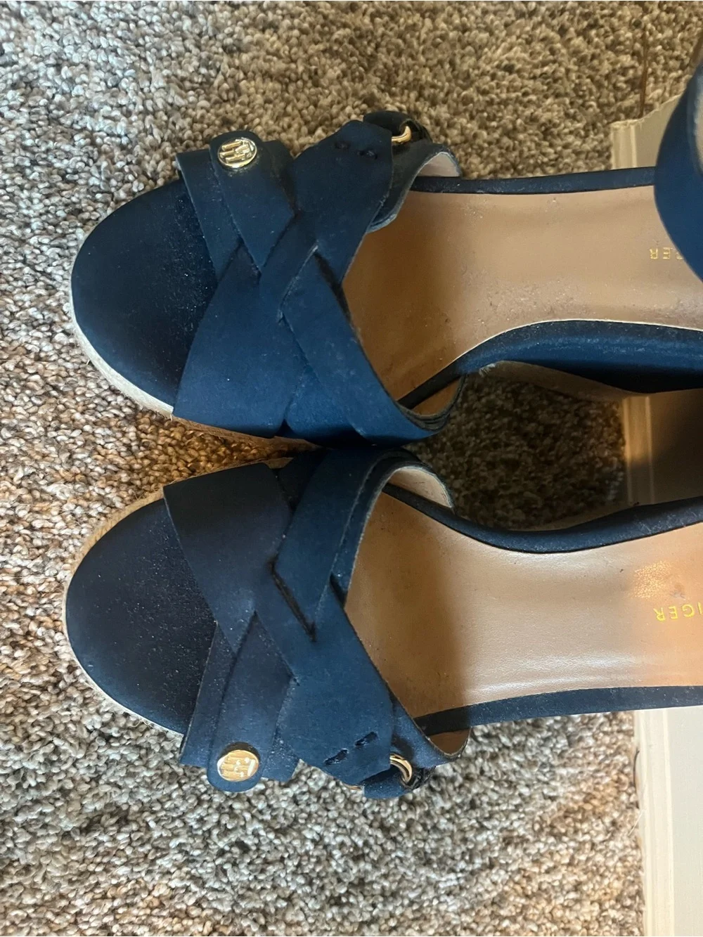Tommy Hilfiger Navy Espadrille Wedge Sandals with Gold Buckle